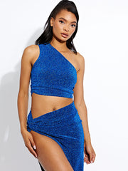Lurex One Shoulder Crop Top & Slit Maxi Skirt Co-ord