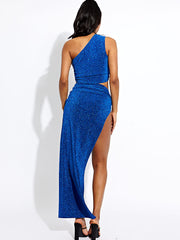 Lurex One Shoulder Crop Top & Slit Maxi Skirt Co-ord