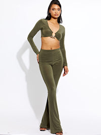 Long Sleeve Ring Detail Crop Top & Trouser Co-ord - Olive
