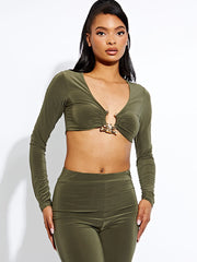 Long Sleeve Ring Detail Crop Top & Trouser Co-ord