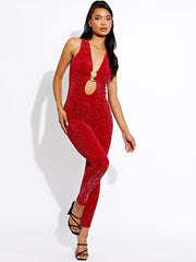 Horseshoe Buckle Detail Lurex Jumpsuit