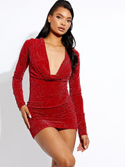 Lurex Draped Cowl Neck Slinky Dress