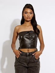 Faux Leder Bandeau Crop Top mit Reißverschlussdetail