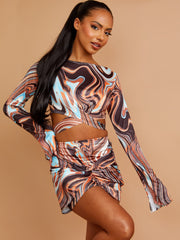 Printed Wrap Around Slinky Crop Top & Twisted Skirt Co-ord
