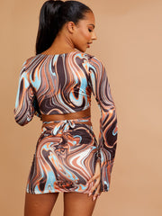 Printed Wrap Around Slinky Crop Top & Twisted Skirt Co-ord