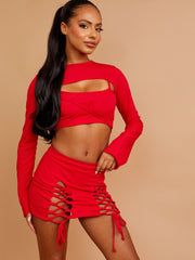 Plain 3 Piece Lace Up Skirt Ribbed Co-ord