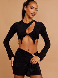 Slinky Cut Out Crop Top & Tie Knot Skirt Co-ord - Black