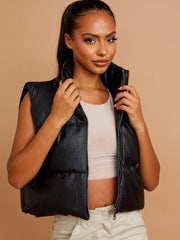 Faux Leather Cropped Puffer Gilet