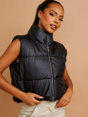 Faux Leather Cropped Puffer Gilet