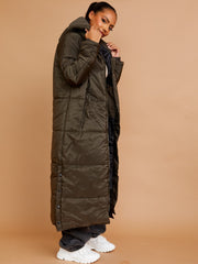 Longline Quilted Hooded Coat with Button Detail
