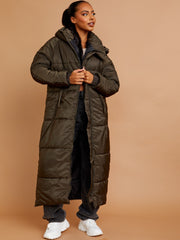 Longline Quilted Hooded Coat with Button Detail