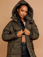 Longline Quilted Hooded Coat with Button Detail