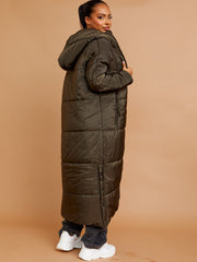 Longline Quilted Hooded Coat with Button Detail