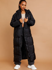 Longline Quilted Hooded Coat with Button Detail