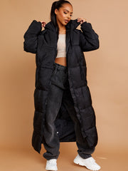 Longline Quilted Hooded Coat with Button Detail