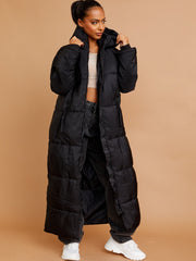 Longline Quilted Hooded Coat with Button Detail