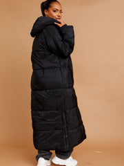 Longline Quilted Hooded Coat with Button Detail