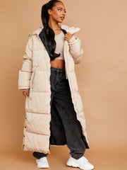 Longline Quilted Hooded Coat with Button Detail