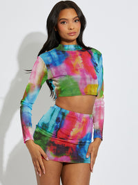Printed Mesh Crop Top & Skirt Co-ord - Fuchsia