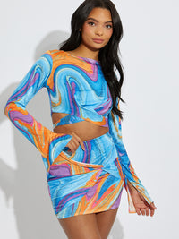 Printed Wrap Around Slinky Crop Top & Twisted Skirt Co-ord - Royal Blue