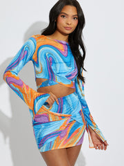 Printed Wrap Around Slinky Crop Top & Twisted Skirt Co-ord