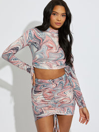 New Marble Print Slinky Ruched Crop Top & Skirt Co-ord - Rust