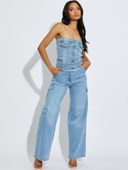 Wide Leg Denim Cargo Trousers