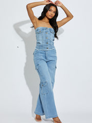 Wide Leg Denim Cargo Trousers