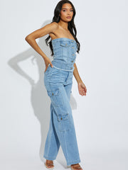 Wide Leg Denim Cargo Trousers