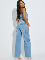 Wide Leg Denim Cargo Trousers