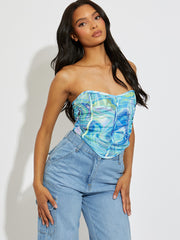 Printed Ruched Mesh Bandeau Corset Crop Top