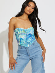 Printed Ruched Mesh Bandeau Corset Crop Top