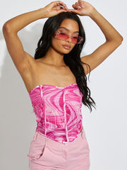 Printed Ruched Mesh Bandeau Corset Crop Top