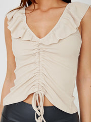 Frill Neck Ruched Ribbed Top