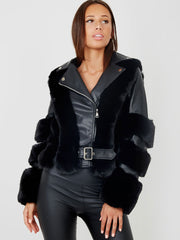 Faux Fur Panel Belted PU Jacket
