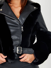Faux Fur Panel Belted PU Jacket