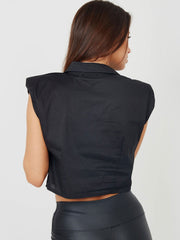 Padded Shoulder Cropped Shirt Blouse