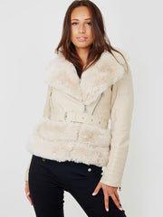 Faux Fur Belted PU Jacket