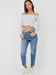 Rüschendetail gerippte Bardot Crop Top