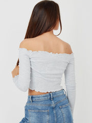 Rüschendetail gerippte Bardot Crop Top