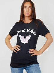 Good Vibes Butterfly Graphic Printed T-Shirt