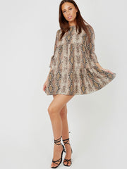 Snake Print Frill Tiered Smock Dress