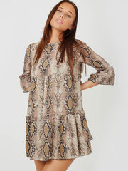 Snake Print Frill Tiered Smock Dress