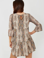 Snake Print Frill Tiered Smock Dress
