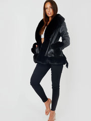 Longline Faux Fur Trim Beled PU PU