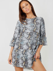 Snake Print Frill Tiered Smock Dress