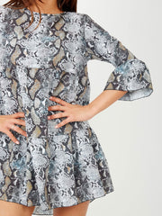 Snake Print Frill Tiered Smock Dress