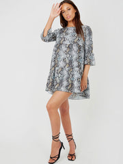 Snake Print Frill Tiered Smock Dress