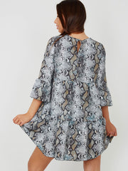 Snake Print Frill Tiered Smock Dress
