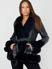 Longline Faux Fur Trim Beled PU PU